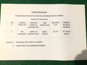 Pengumuman Pemanggilan Rafid Tes dan Tes Lapangan Divisi Loader Tahap 4 Pt Oss