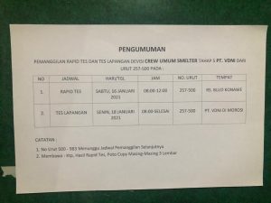 Pengumuman Pemanggilan Rafid Tes dan Tes Crew Umum Smelter Tahap 5 PT VDNI dari Urut 257 – 500