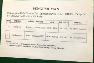 Pengumuman Pemanggilan Rafid Tes dan Tes Lapangan Devisi DUMP TRUCK Tahap IV PT OSS dari No Urut 1 – 100